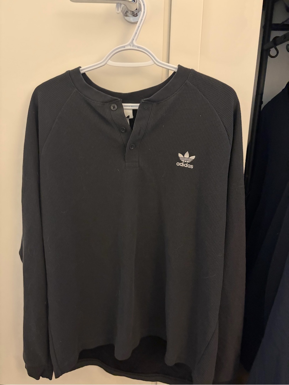 adidas Black Waffle-Knit Long Sleeve Henley with Trefoil